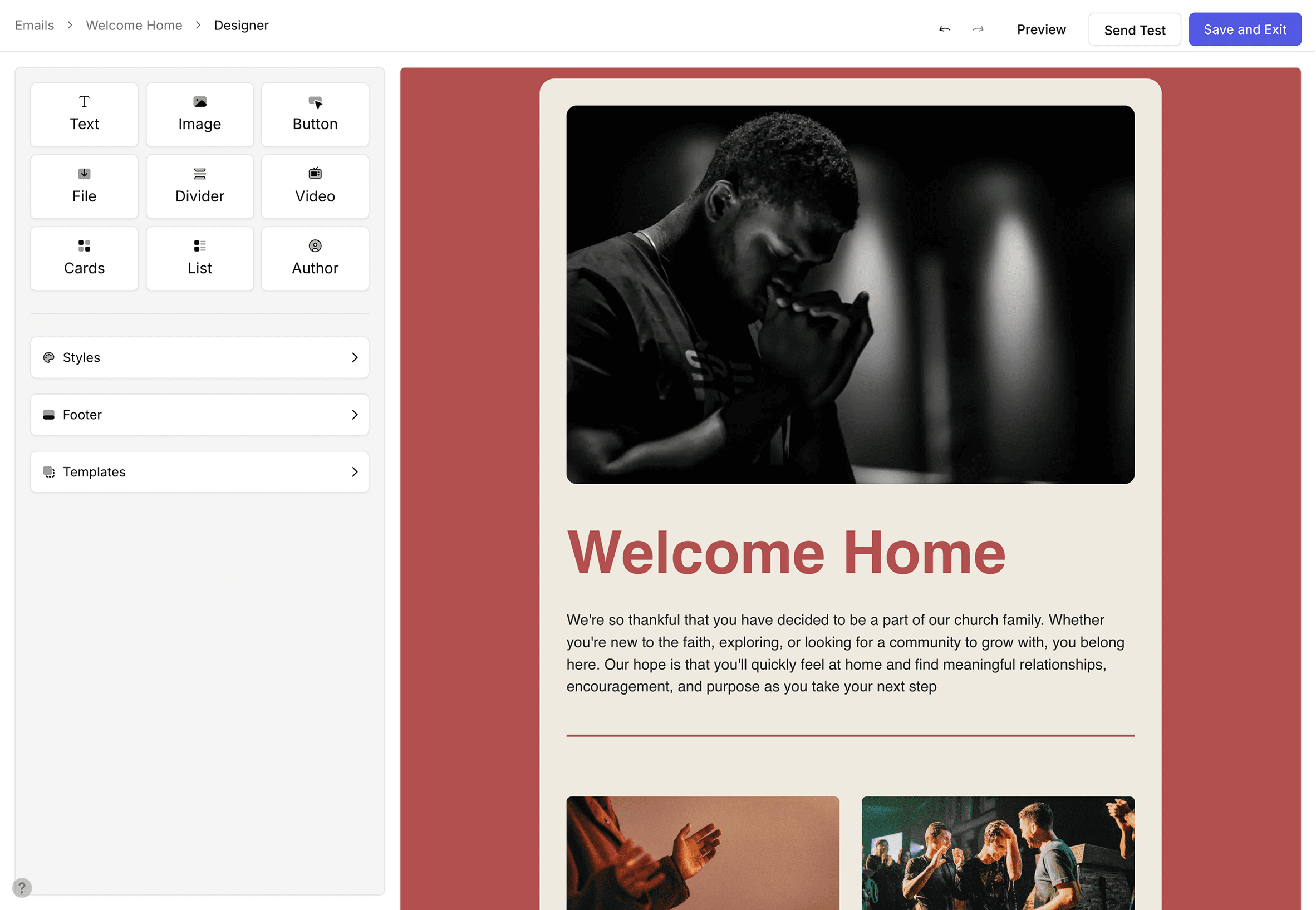 Church Space Drag and Drop Email Builder
