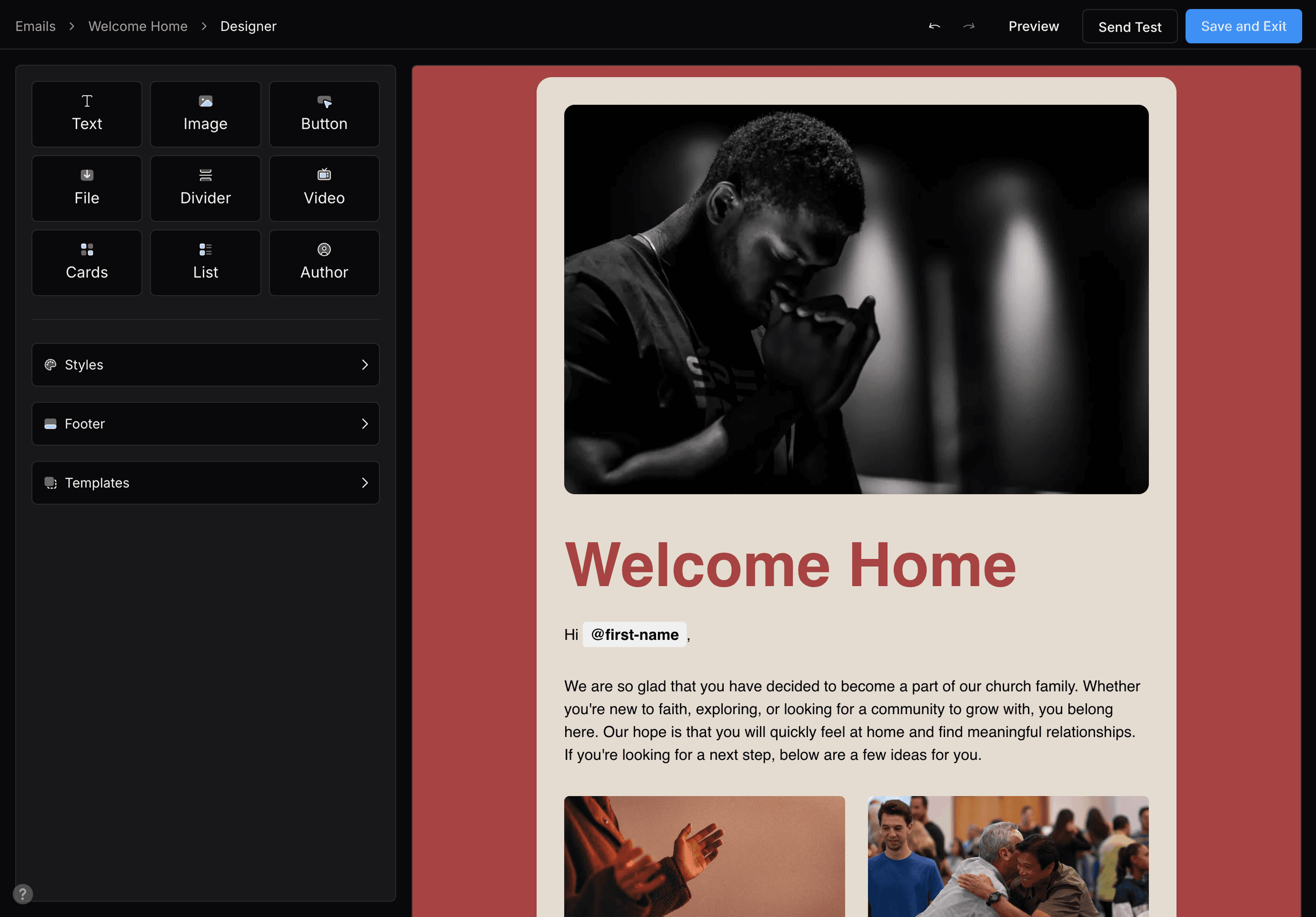 Church Space Drag and Drop Email Builder